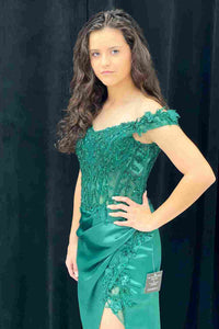 Green Mermaid Off-Shoulder Applique Pleated Satin Long Prom Dress with Slit