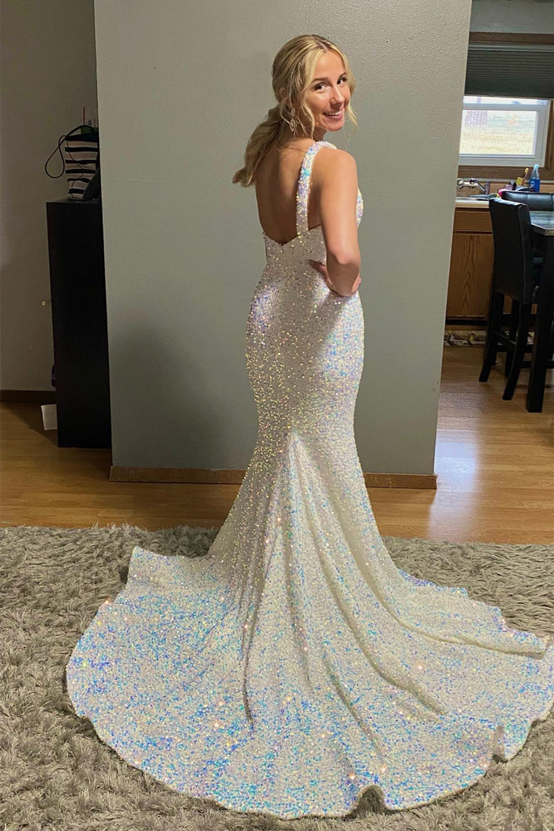 Ivory Mermaid One Shoulder Sequins Sweeping Long Prom Dress with Slit   Dreamdressy