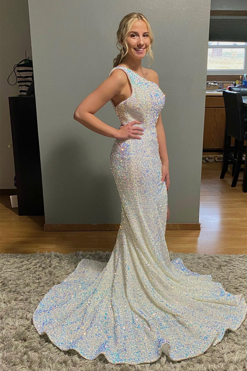 Ivory Mermaid One Shoulder Sequins Sweeping Long Prom Dress with Slit   Dreamdressy