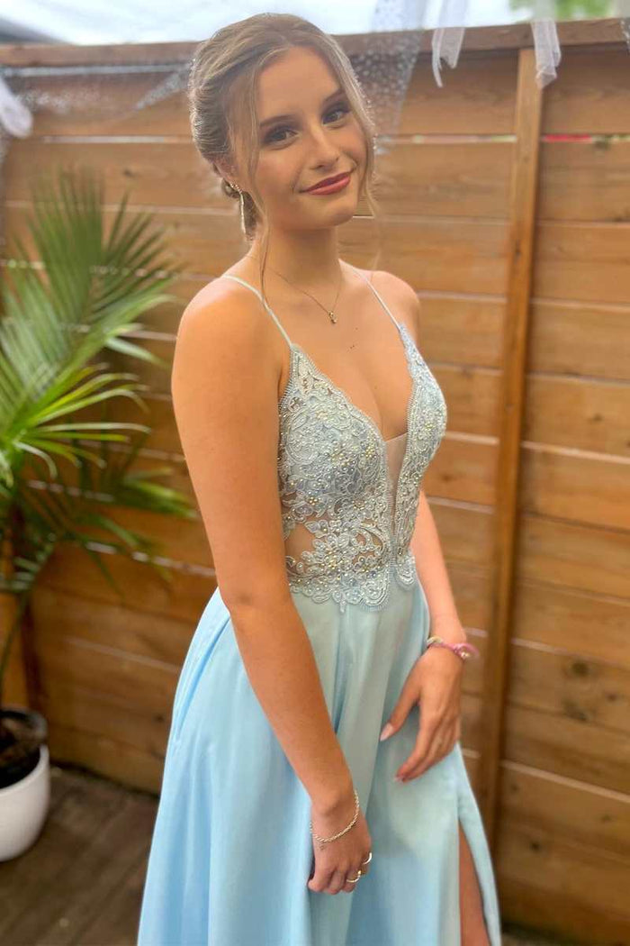 Light Blue Lace Plunge Neck A-Line Prom Dress with Slit Dreamdressy Light Blue Lace Plunge Neck A-Line Prom Dress with Slit Dreamdressy