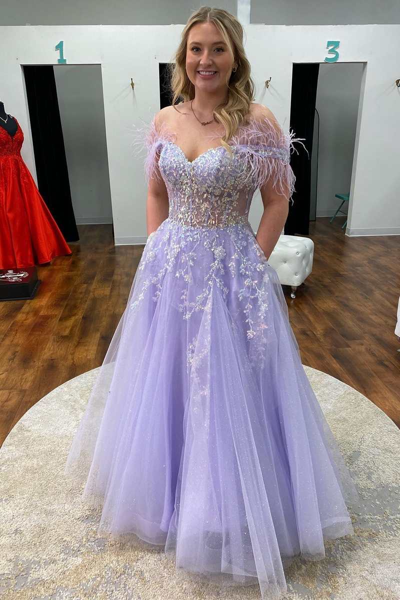 Lavender Floral Lace Feathers Off-the-Shoulder Lace-Up A-Line Prom Gown