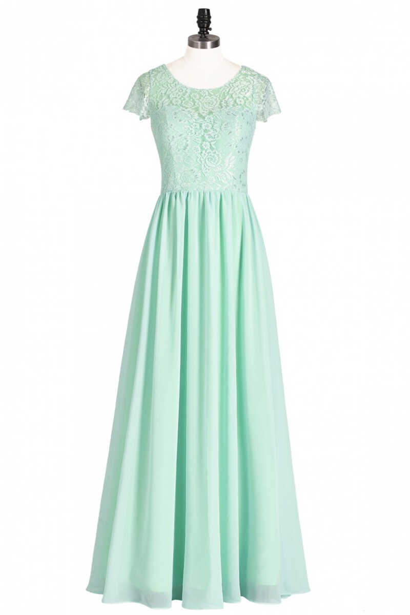 Sage Green Lace and Chiffon Cap Sleeve A-Line Long Bridesmaid Dress – Dreamdressy