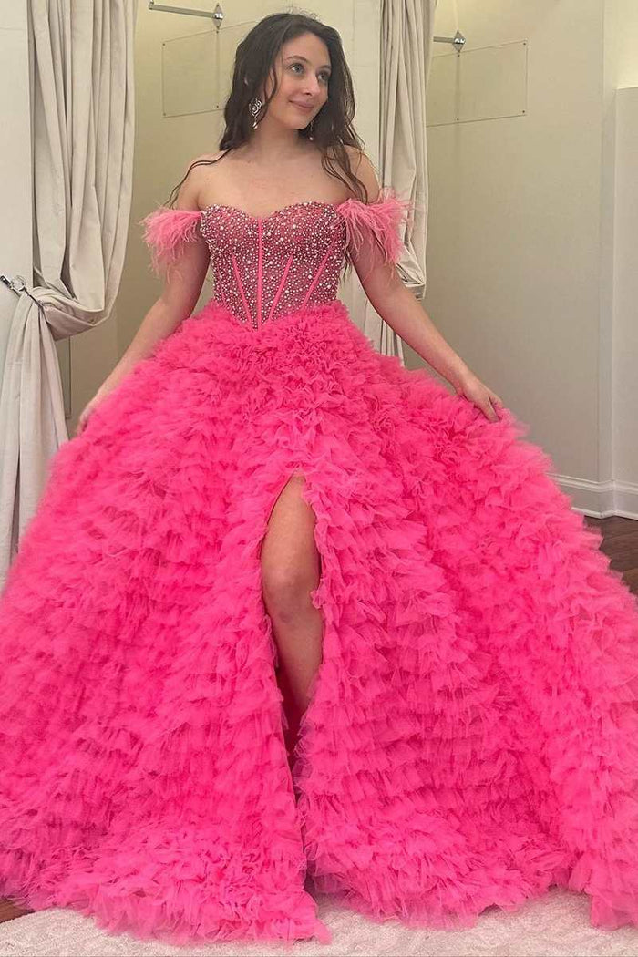 Hot Pink Beaded Feather Off-the-Shoulder Tiered Long Prom Dress with Slit