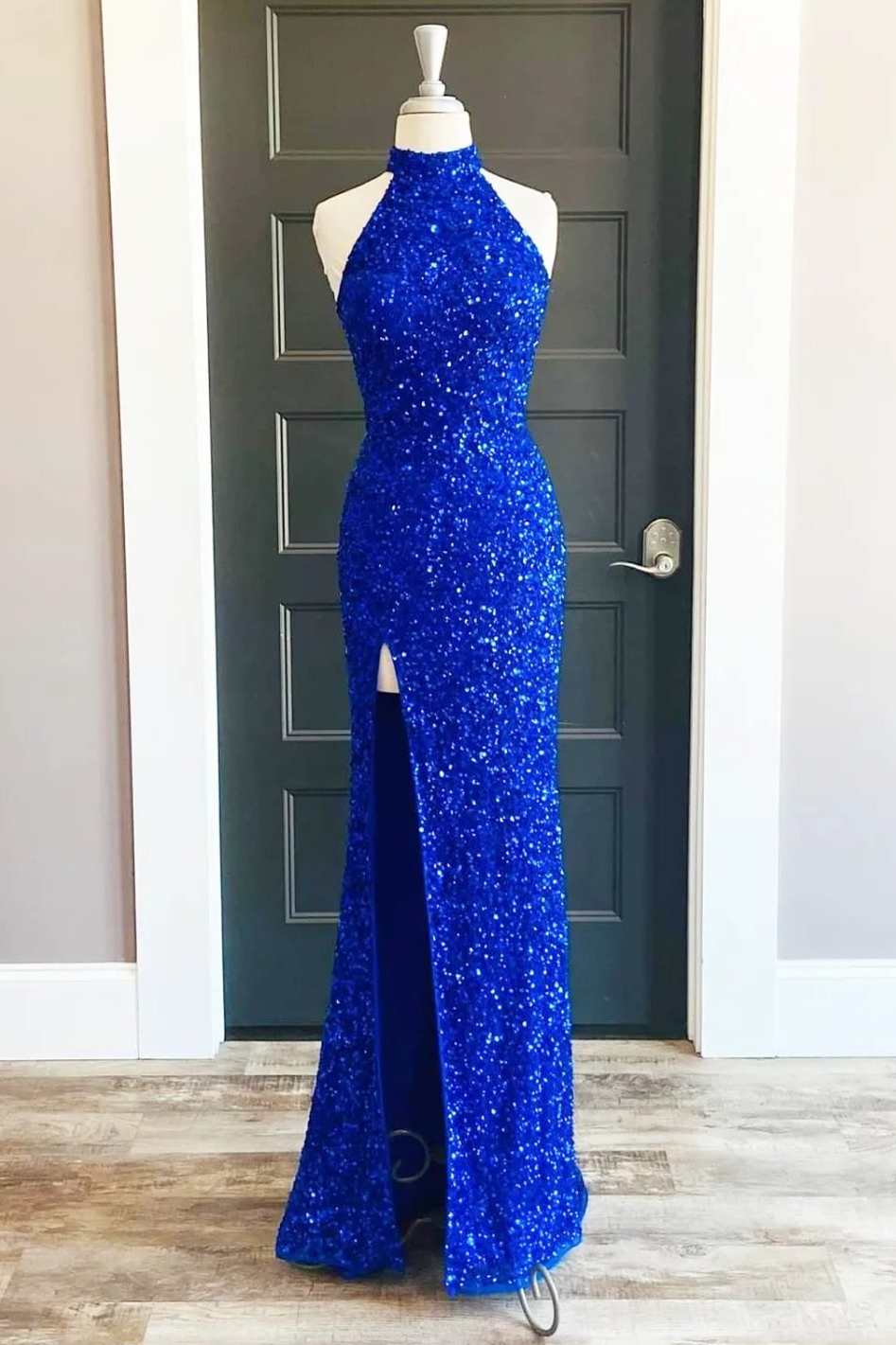 Blue Sequin Halter Long Formal Dress with Slit Blue Sequin Halter Long Formal Dress with Slit
