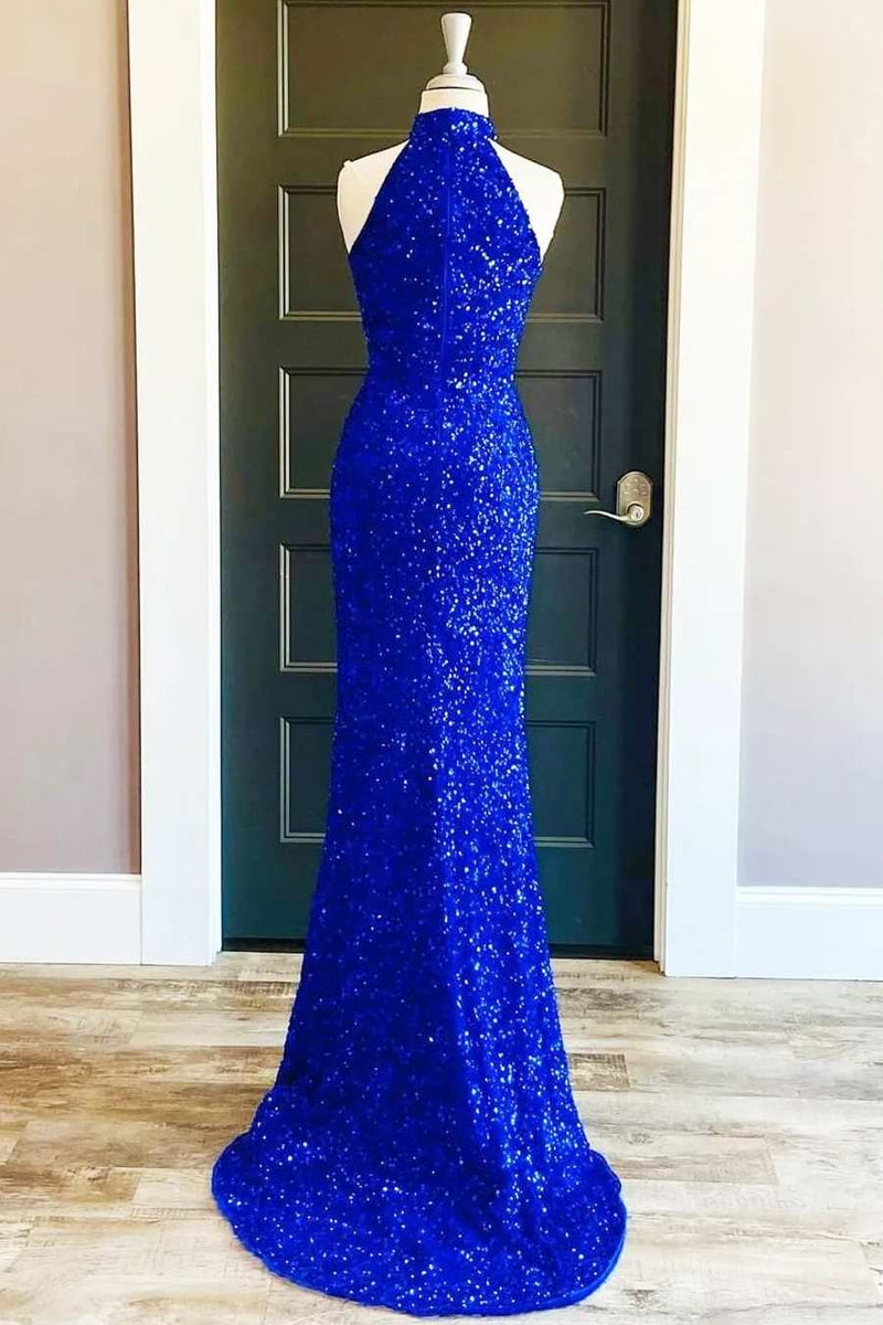 royal blue sequin formal dress Royal Blue Sequin One-Shoulder Long Prom Dresses with Slit – jkprom main image 1
