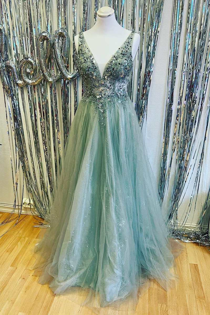 Mint Green Beaded V-Neck Backless A-Line Prom Dress