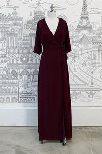 Cabernet Faux-Wrap V Neck Sleeves Chiffon Long Bridesmaid Dress with Sash