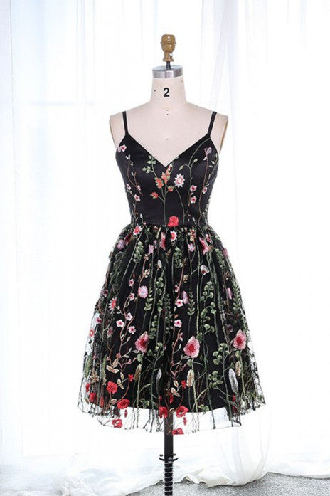 short black dress with flowers Black Floral Print Long Sheer Sleeve Short Dress