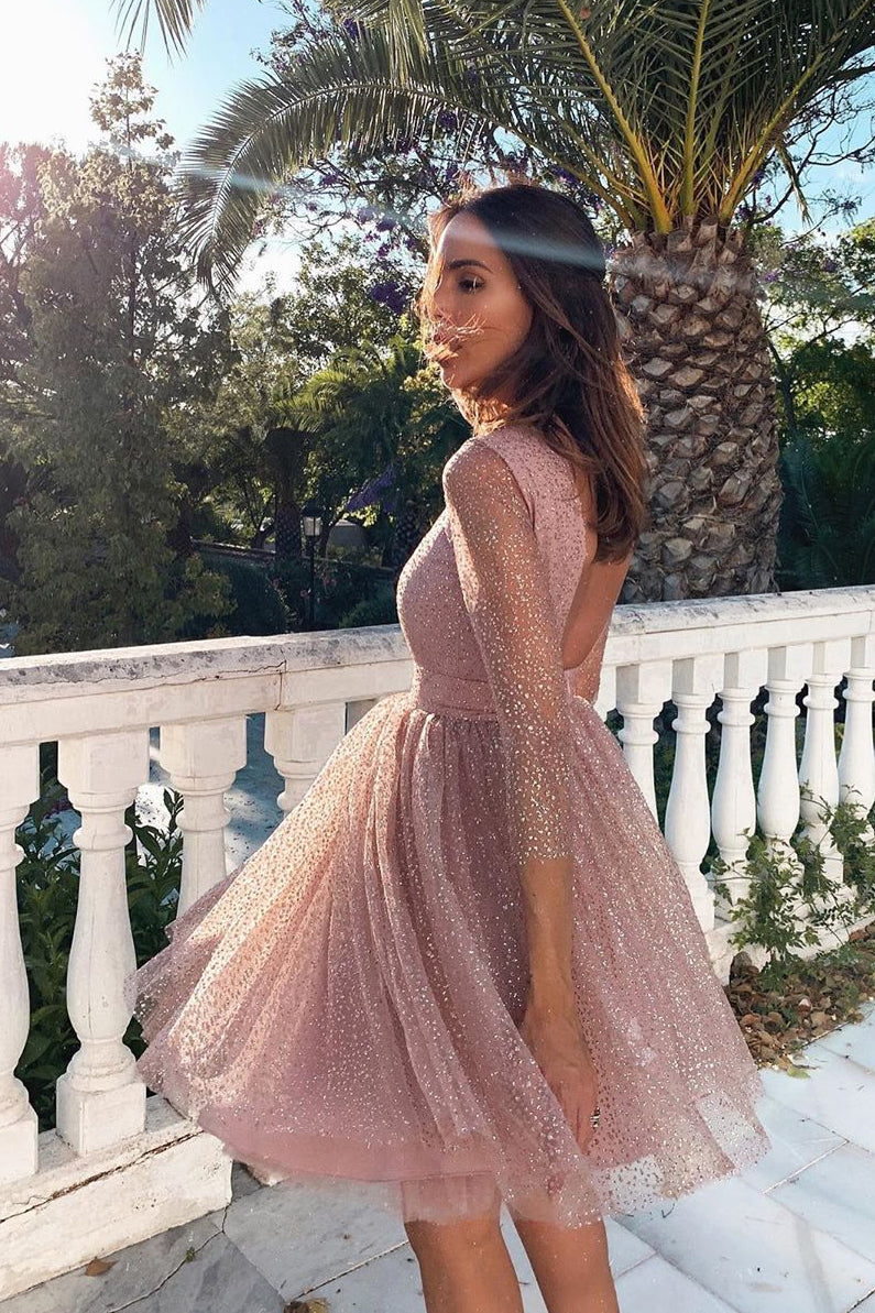 3-4 Sleeves Short Pink Homecoming Dress with Open Back