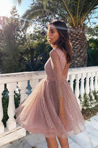 3-4 Sleeves Short Pink Homecoming Dress with Open Back