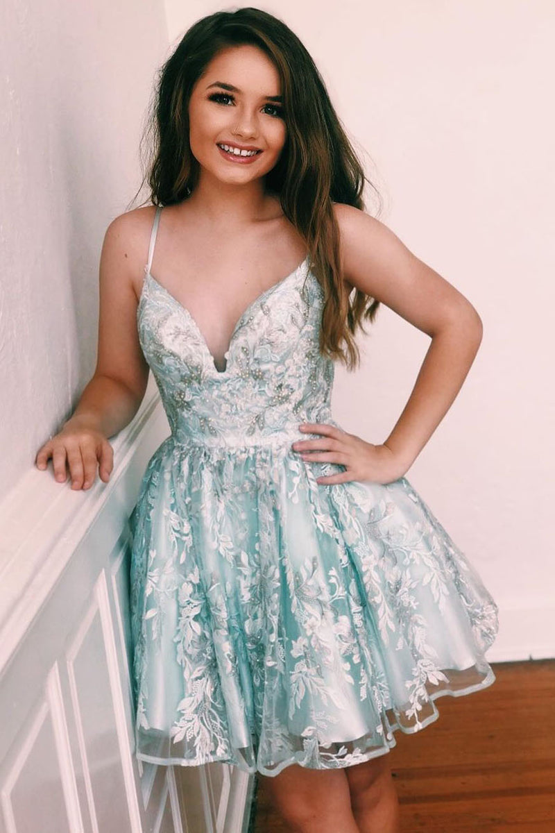 Lace-Up Sequined Sky Blue Homecoming Dress with Flowers Lace-Up Sequined Sky Blue Homecoming Dress with Flowers