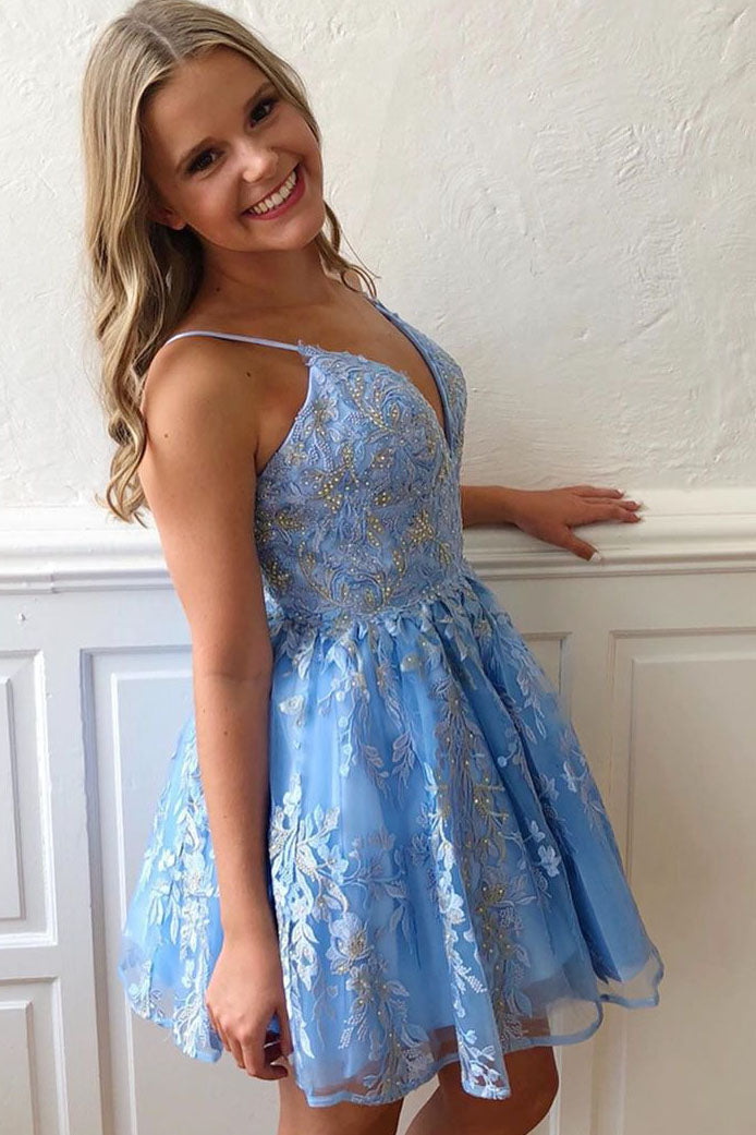 Lace-Up Sequined Sky Blue Homecoming Dress with Flowers Dreamdressy Lace-Up Sequined Sky Blue Homecoming Dress with Flowers Dreamdressy