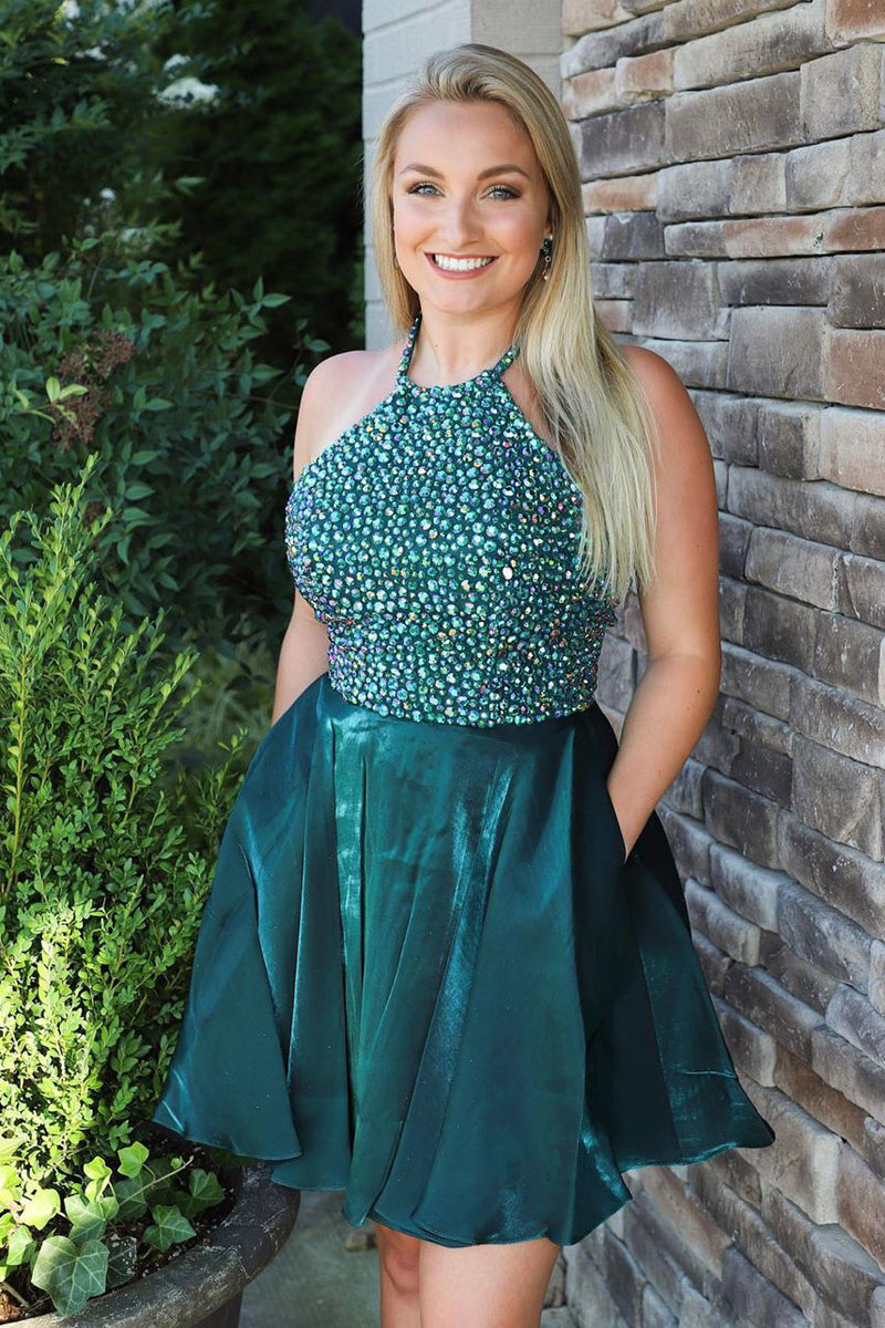 Halter Crystals Short Homecoming Dress with Pockets Dreamdressy Halter Crystals Short Homecoming Dress with Pockets Dreamdressy
