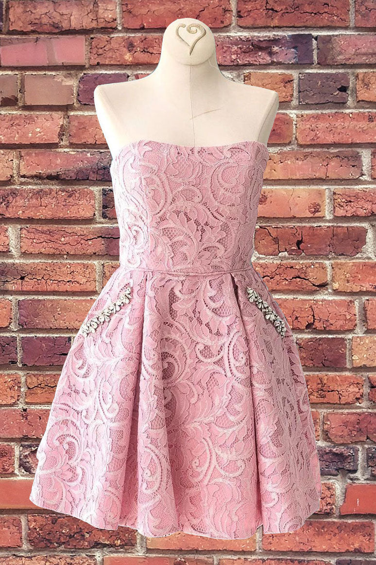 mother of the bride summer dresses with sleeves Column Short Sleeves Knee Length Lace Mother of the Bride Dress, Watermelon main image 1