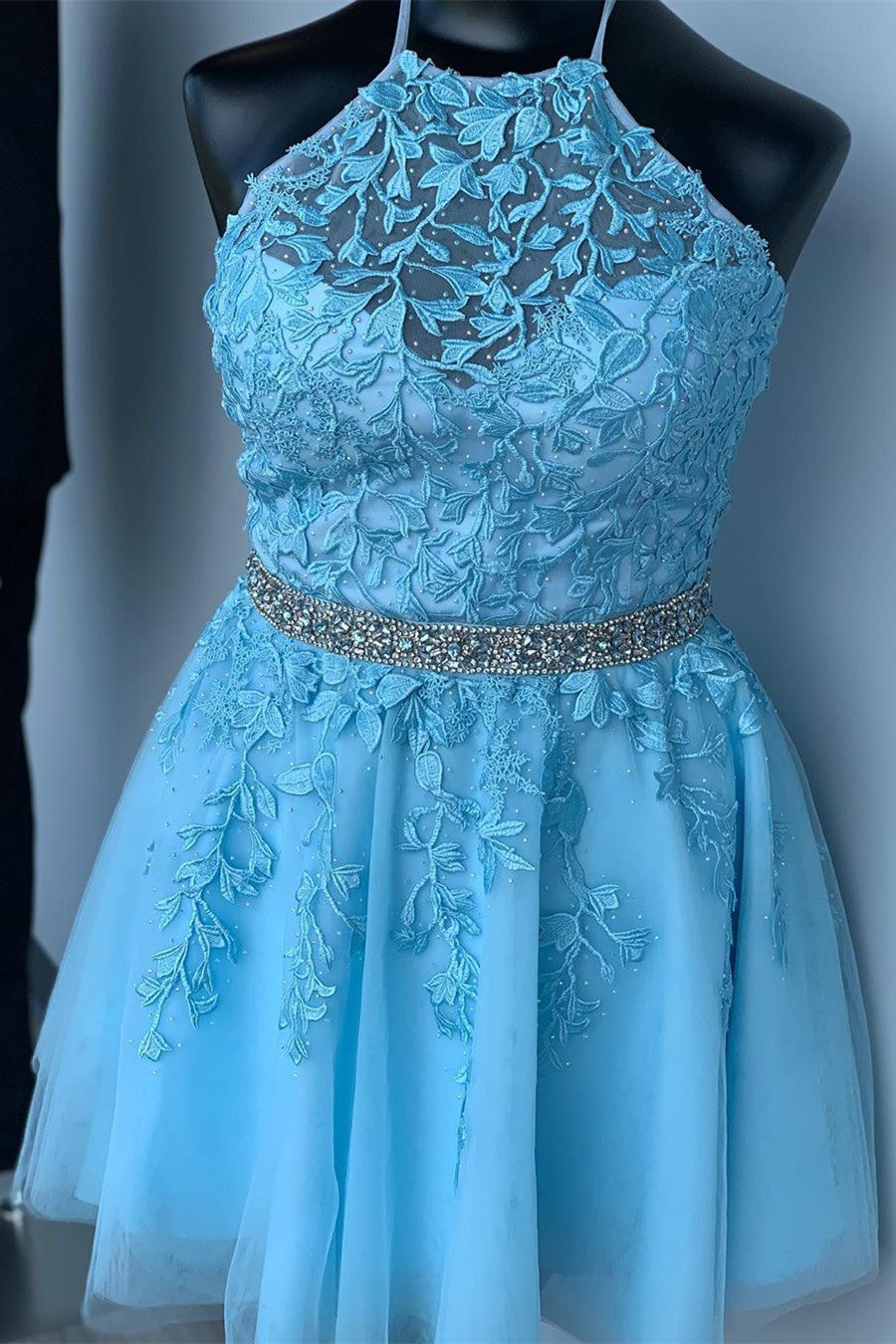 Halter Appliqued Yellow Homecoming Dress with Beading Belt