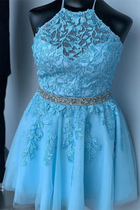 Halter Appliqued Yellow Homecoming Dress with Beading Belt