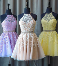 Halter Appliqued Yellow Homecoming Dress with Beading Belt