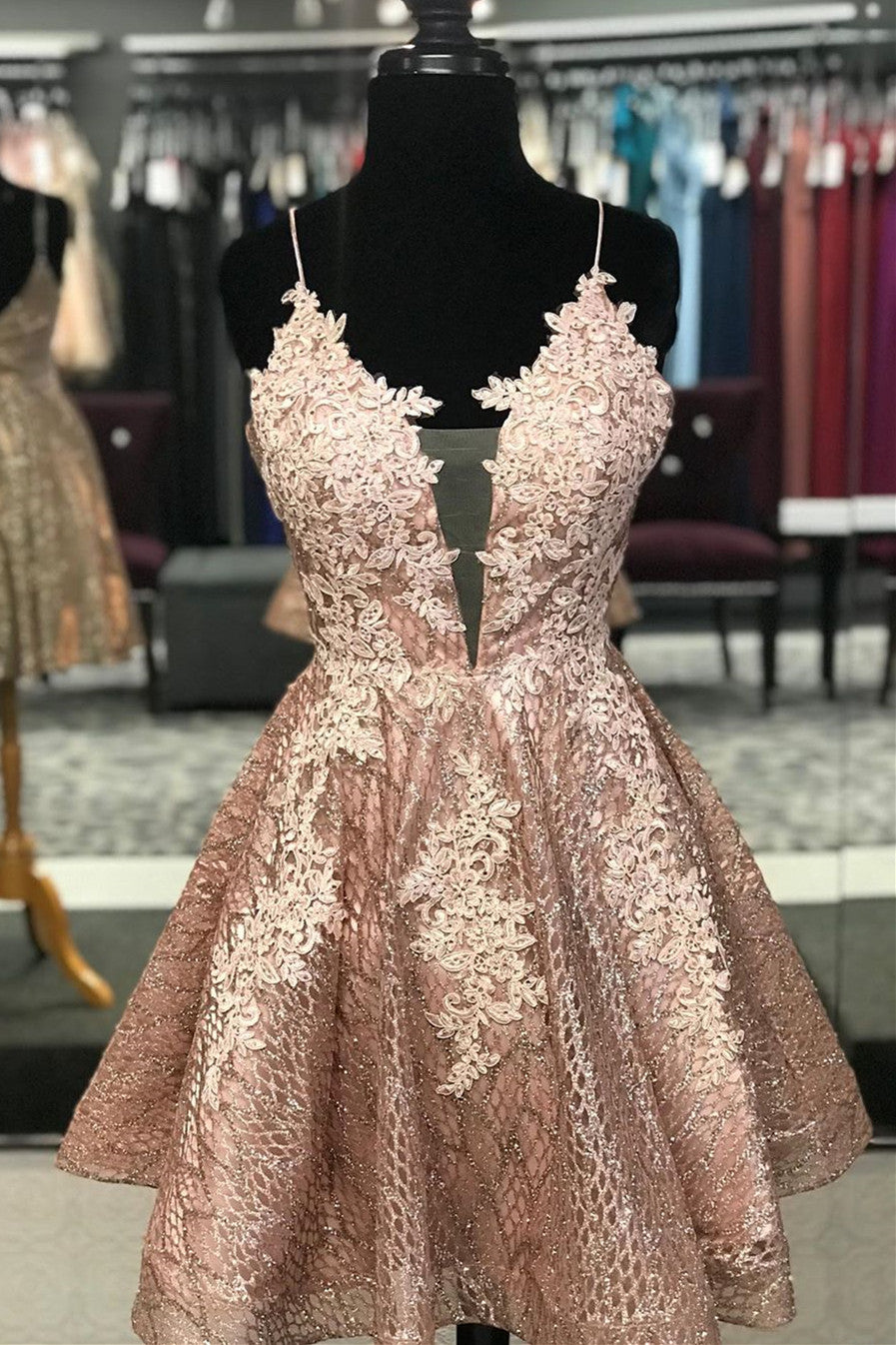 Lace Short Homecoming Dress with Criss Cross Back