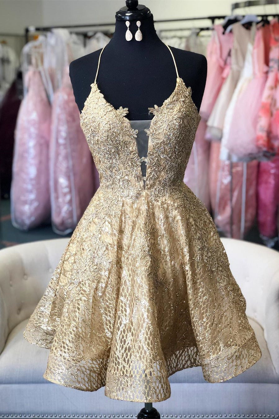 Lace Short Homecoming Dress with Criss Cross Back