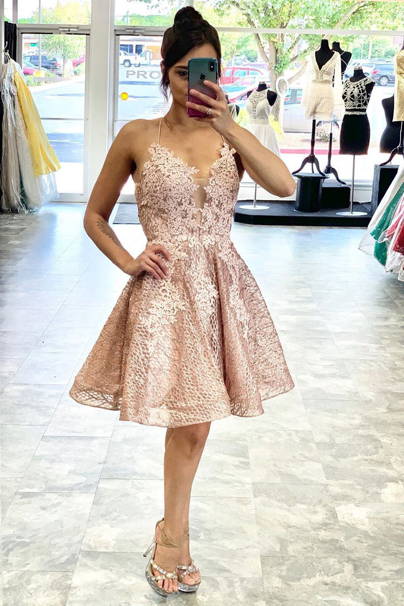 lace back hoco dress Chic Tight Short Lace Criss-Cross Back Prom Homecoming Dress HD0083 US14 / Custom Color