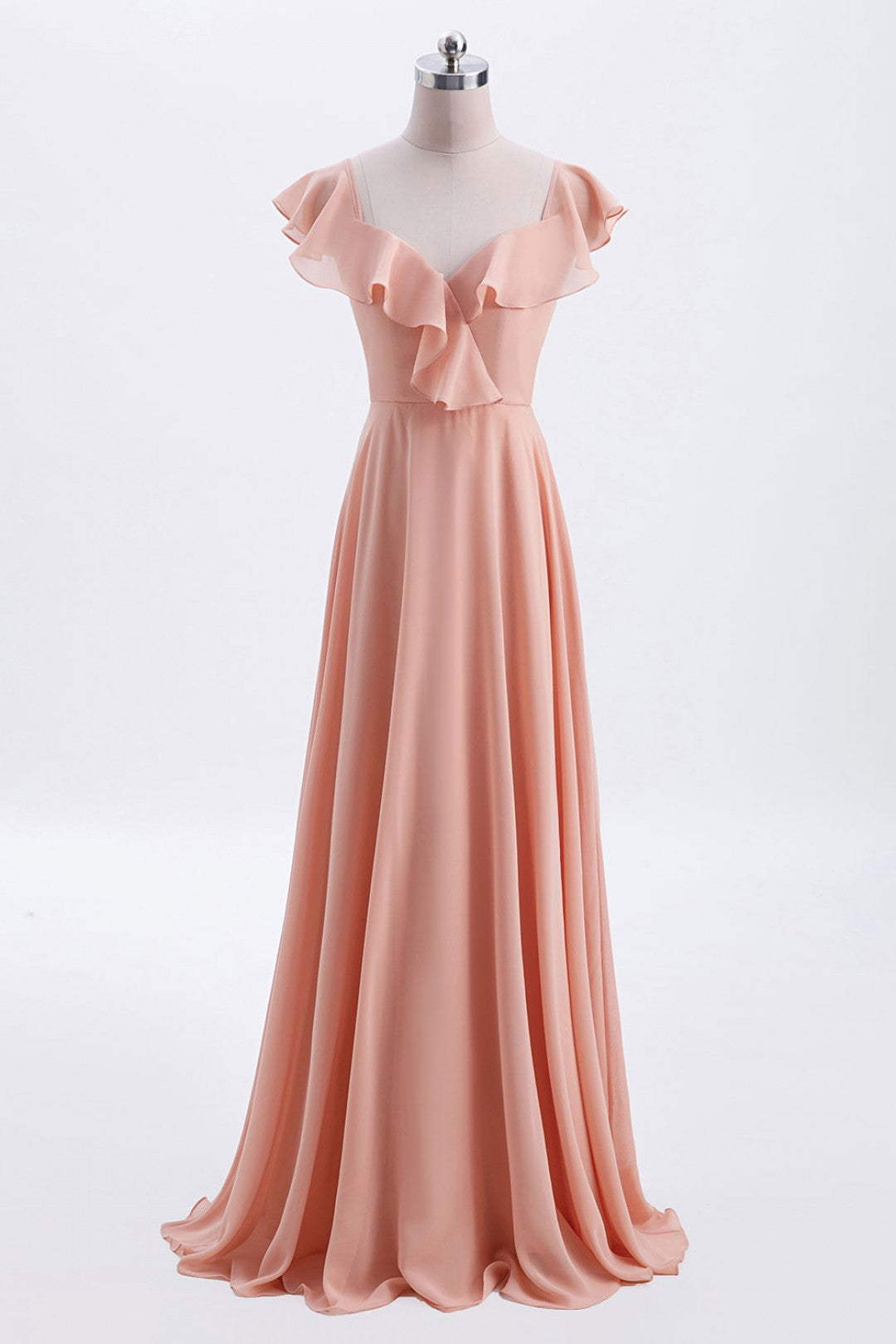 Peach Ruffles A-lline Chiffon Long Bridesmaid Dress with Tie Back – Dreamdressy Peach Ruffles A-lline Chiffon Long Bridesmaid Dress with Tie Back – Dreamdressy