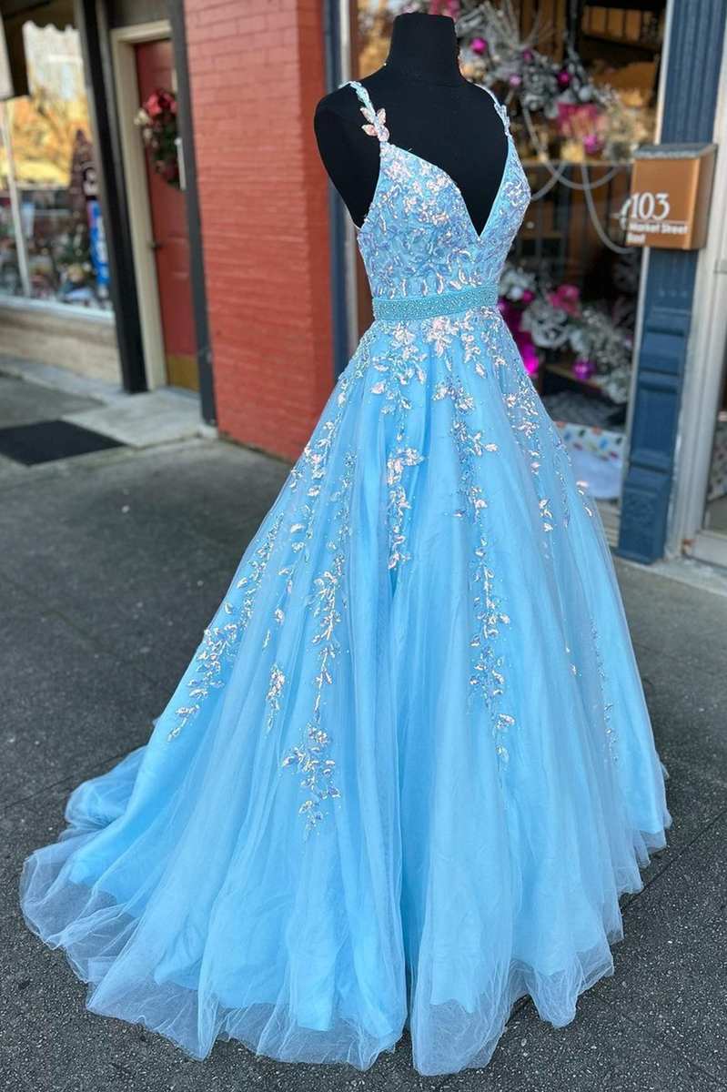 Light Blue Appliques V-Neck Belted A-Line Prom Gown Light Blue Appliques V-Neck Belted A-Line Prom Gown