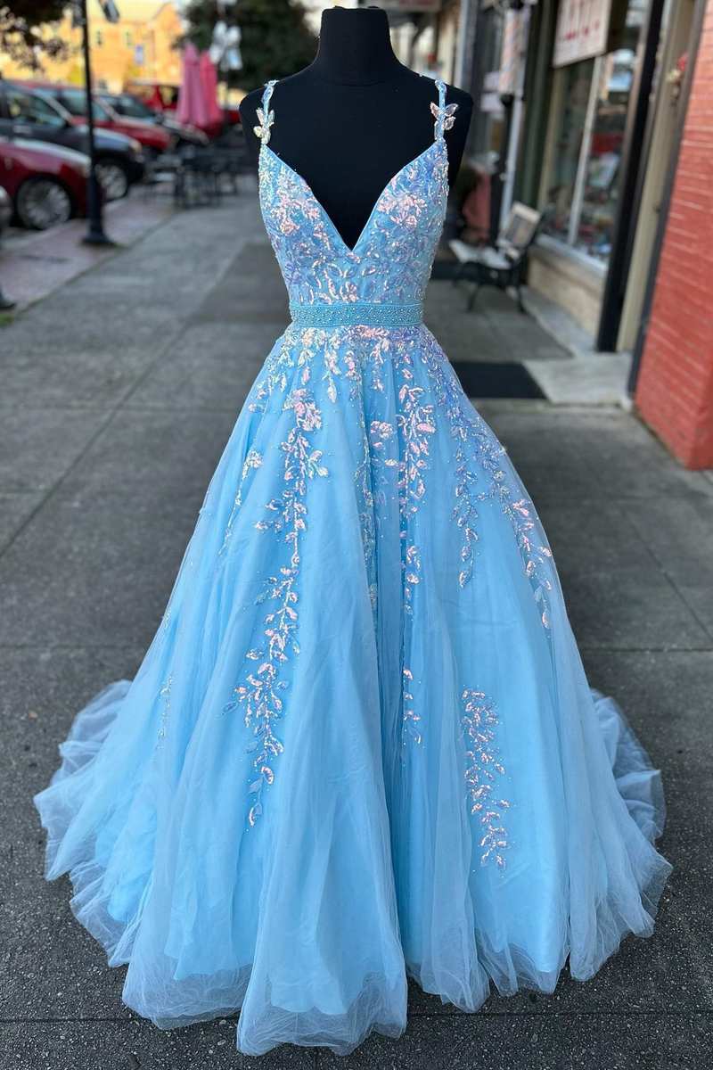 Light Blue Appliques V-Neck Belted A-Line Prom Gown Light Blue Appliques V-Neck Belted A-Line Prom Gown