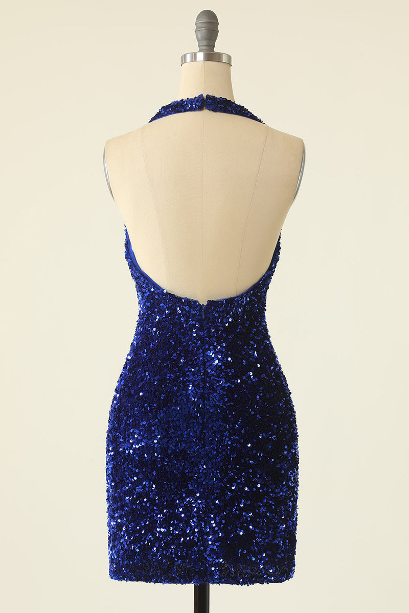 Royal Blue Sequin Halter Open Back Short Homecoming Dress – Dreamdressy
