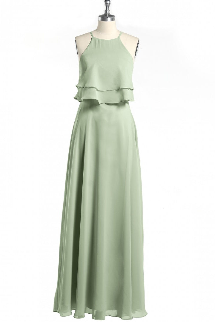 sage green chiffon bridesmaid dresses Sage Green Chiffon Halter Ruffle A-Line Long Bridesmaid Dress – Dreamdressy