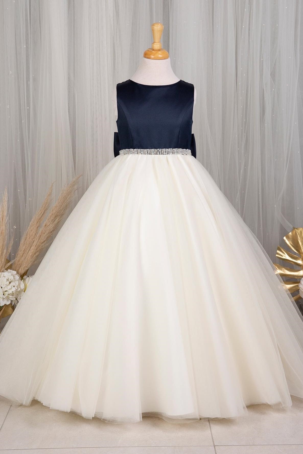 Navy and White Jewel Beaded Sleeveless Long Flower Girl Dress with Bow