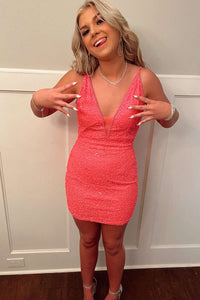 Hot Pink Sequin Plunge V Short Homecoming Dress