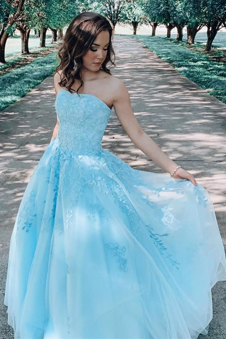 A-line Blue Lace Appliques Long Wedding Dress Dreamdressy A-line Blue Lace Appliques Long Wedding Dress Dreamdressy