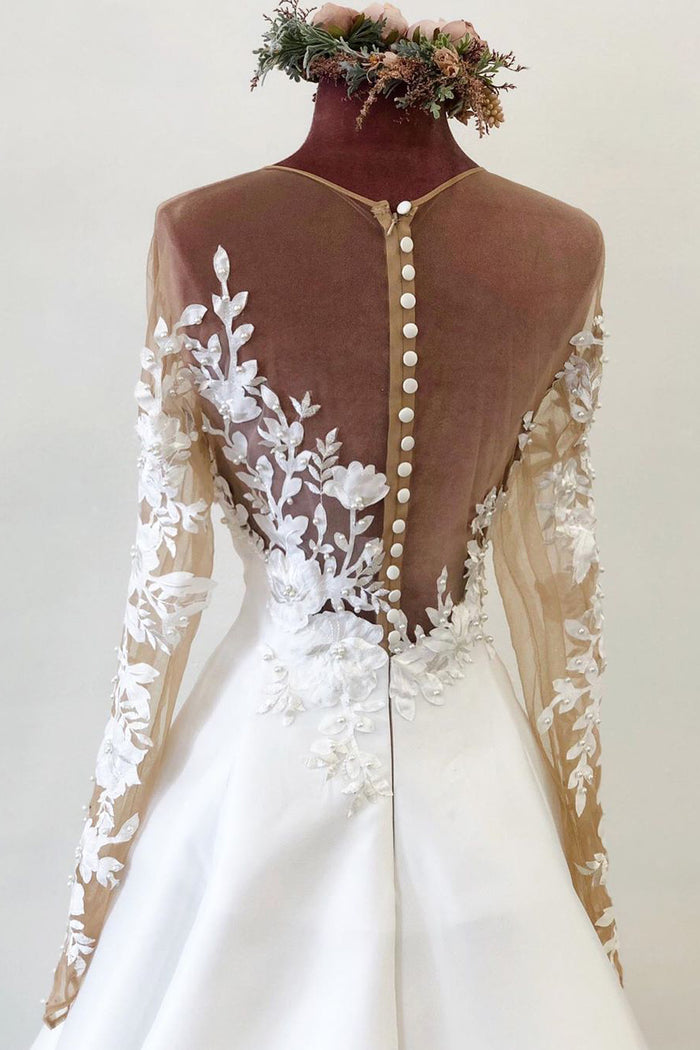 Illusion Neck Long Sleeves White Satin Bridal Gown with Appliques-Button