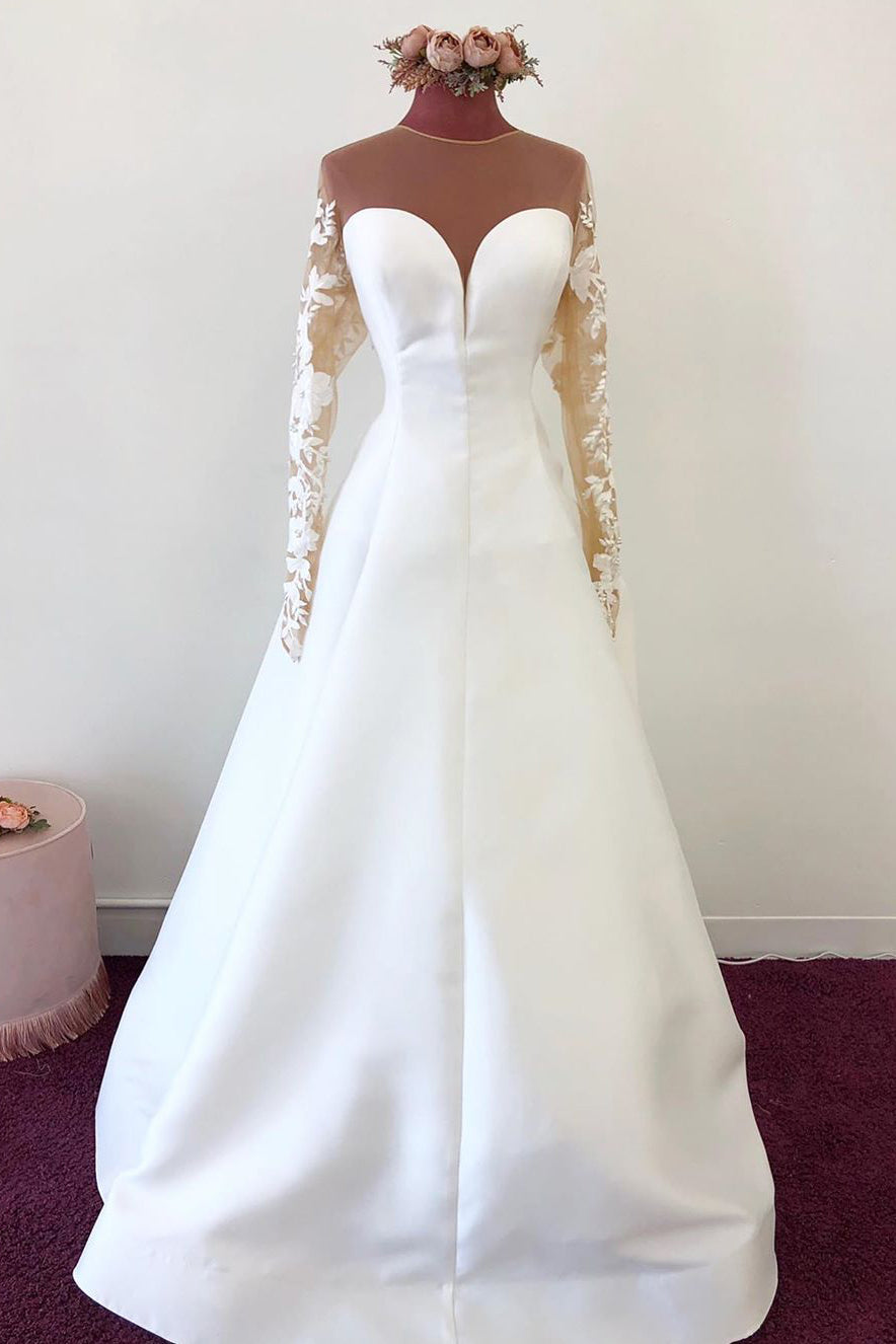 Illusion Neck Long Sleeves White Satin Bridal Gown with Appliques-Button
