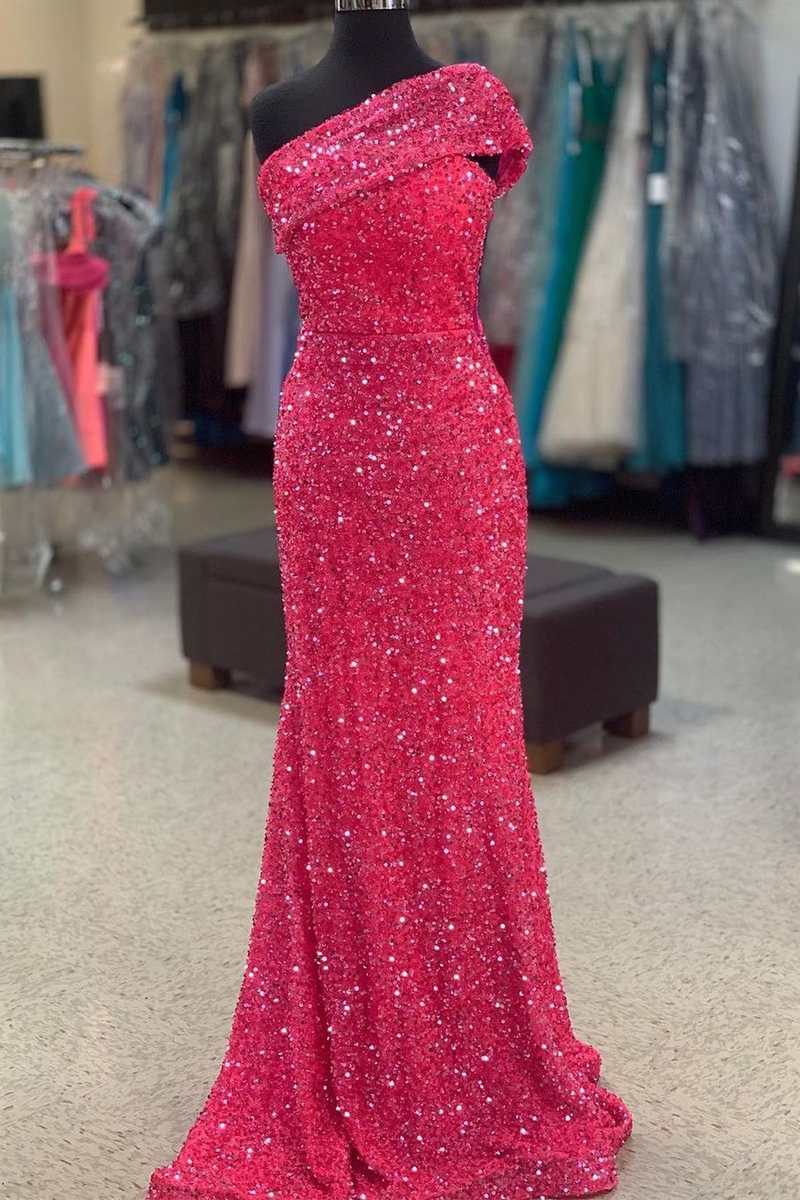 Hot Pink Sequin One-Shoulder Mermaid Long Prom Dress Dreamdressy Hot Pink Sequin One-Shoulder Mermaid Long Prom Dress Dreamdressy
