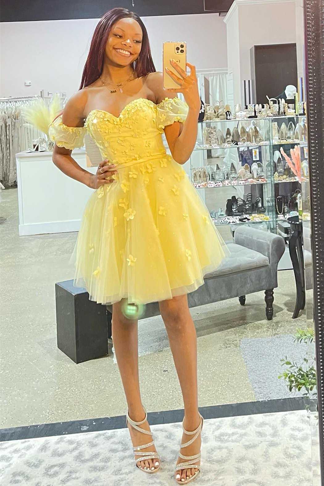 Yellow Off-the-Shoulder A-Line Short Homecoming Dress Yellow Off-the-Shoulder A-Line Short Homecoming Dress