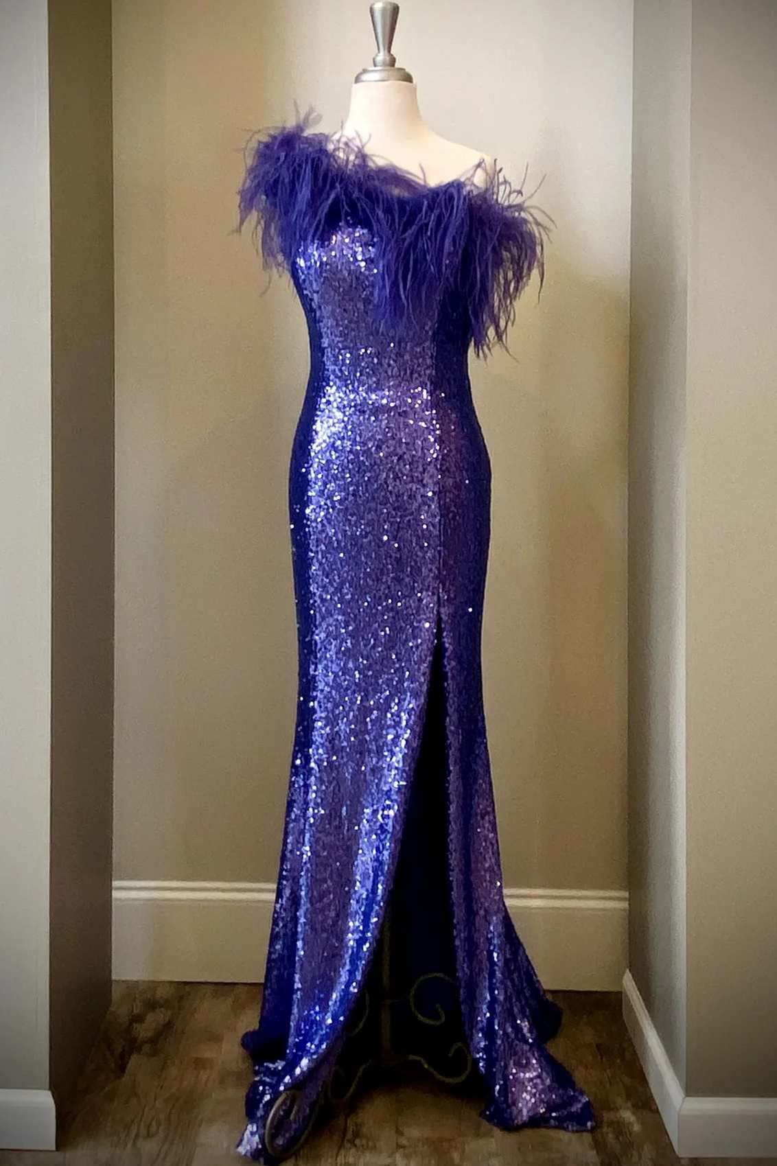 dark purple feather dress Kira Purple Sequin Feather Dress Purple / XL