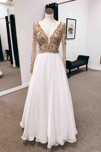 Champagne A-line V Neck Long Sleeves Chiffon Long Prom Dress