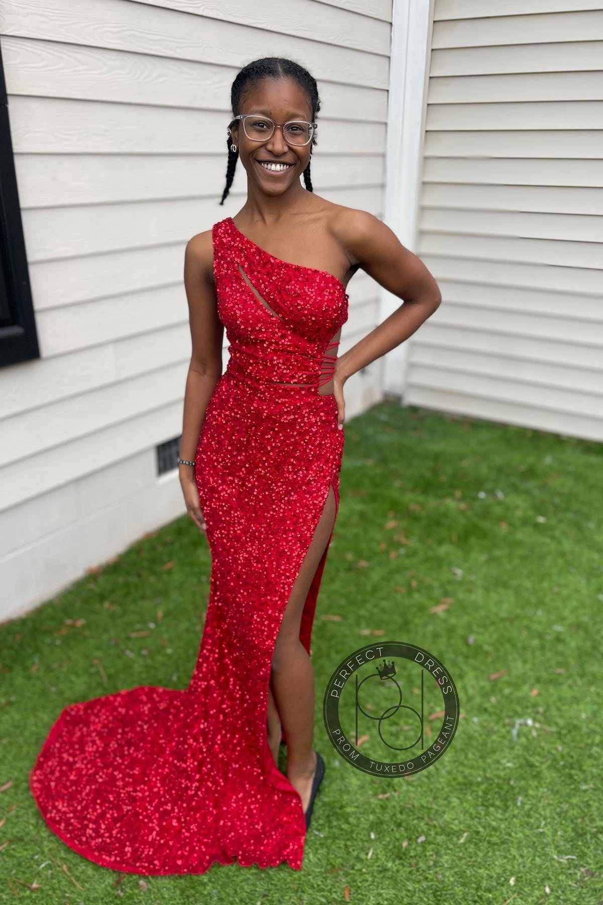 Sequins Mermaid One Shoulder Cut-Out Slit Long Prom Dress  Dreamdressy