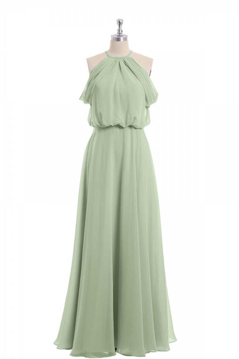 Sage Green Chiffon Halter Blouson-Style Long Bridesmaid Dress – Dreamdressy