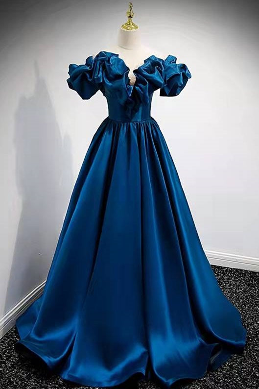A-Line Dark Blue Off-the-Shoulder Stain Prom Gown – Dreamdressy