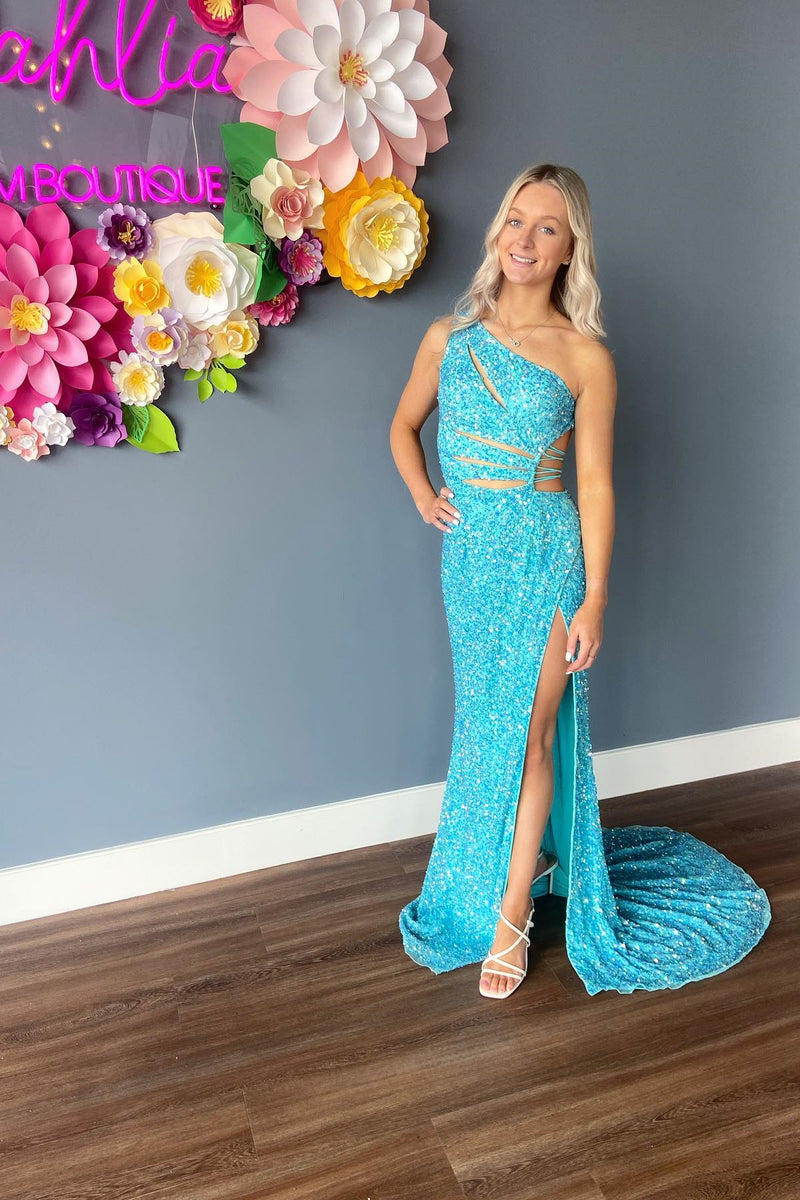 turquoise sequin mermaid dress Sequins Mermaid One Shoulder Cut-Out Slit Long Prom Dress – Dreamdressy