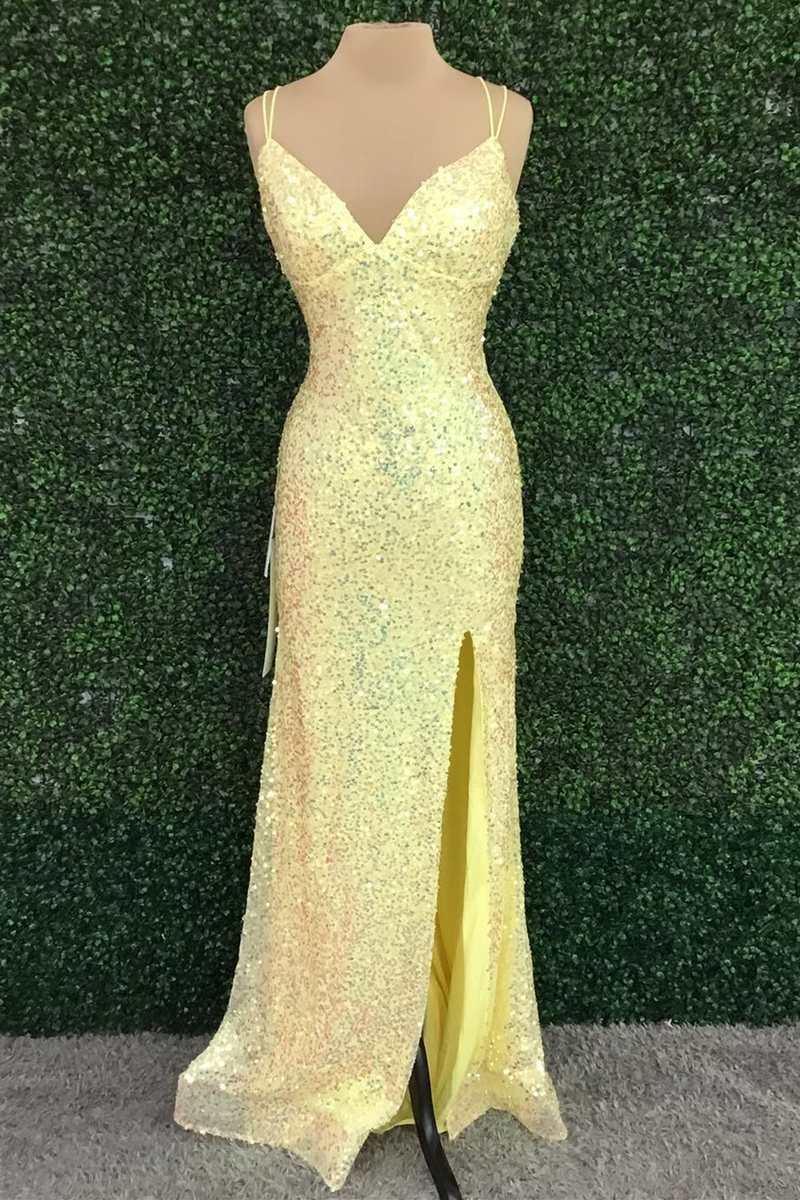 Yellow Sequin V-Neck Lace-Up Back Long Prom Dress with Slit Dreamdressy Yellow Sequin V-Neck Lace-Up Back Long Prom Dress with Slit Dreamdressy