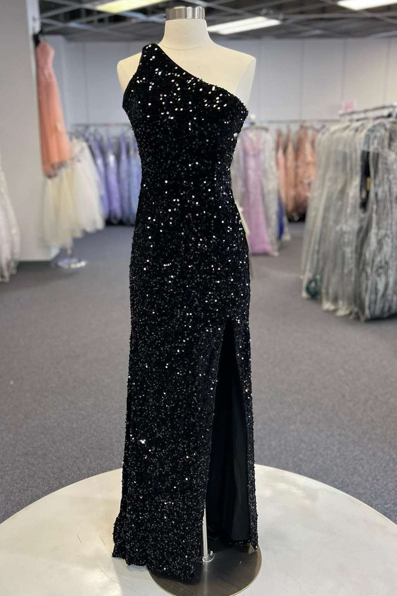 one shoulder black sequin prom dress One-Shoulder Long Black Sequin Prom Gown Black / 2