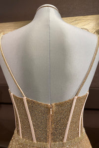 Gold A-line Bow Tie Beaded Straps Sequins Boning Long Prom Dress