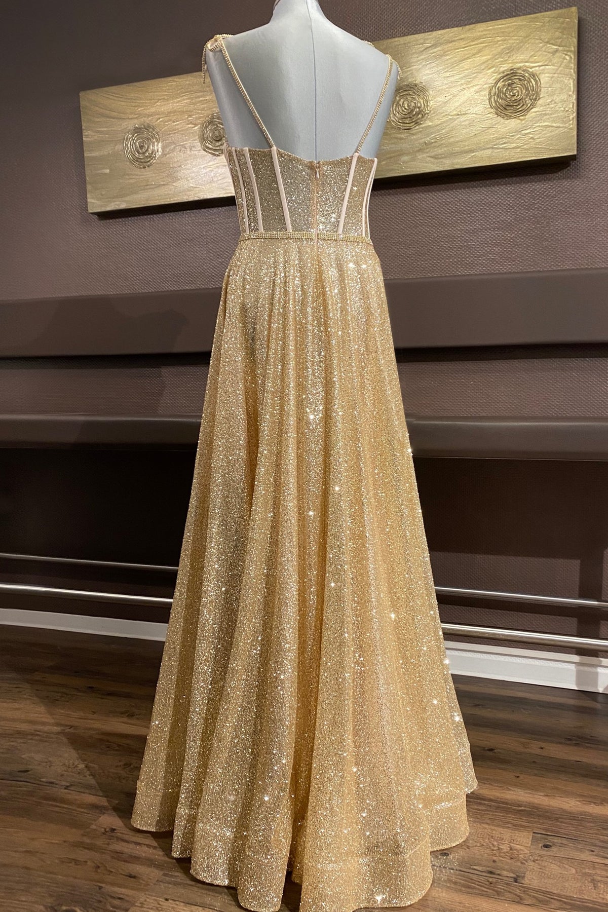 Gold A-line Bow Tie Beaded Straps Sequins Boning Long Prom Dress Dreamdressy Gold A-line Bow Tie Beaded Straps Sequins Boning Long Prom Dress Dreamdressy