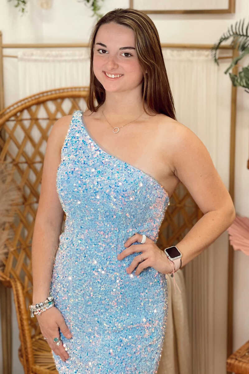 One-Shoulder Blue Iridescent Sequin Short Cocktail Dress