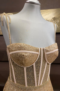 Gold A-line Bow Tie Beaded Straps Sequins Boning Long Prom Dress