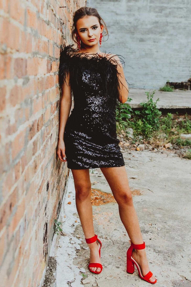 black dress with light blue heels One-Shoulder Light Blue Sequins Feather Mini Homecoming Dress – Dreamdressy