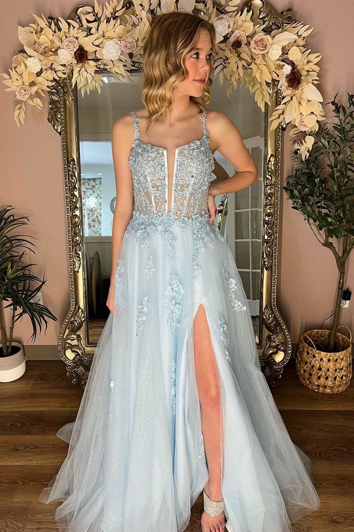 Light Blue Floral Lace Split Neck A-Line Prom Dress with Slit Dreamdressy Light Blue Floral Lace Split Neck A-Line Prom Dress with Slit Dreamdressy